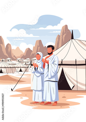 Flat style vector illustration of Hajj pilgrimage with Muslim pilgrims praying in Mina tent city, representing devotion, spiritual journey, and important Islamic ritual during Hajj season