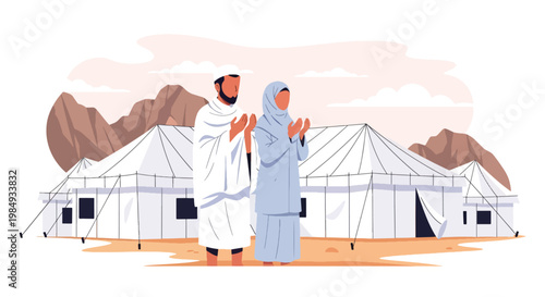 Flat style vector illustration of Hajj pilgrimage with Muslim pilgrims praying in Mina tent city, representing devotion, spiritual journey, and important Islamic ritual during Hajj season