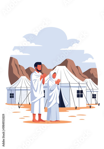 Flat style vector illustration of Hajj pilgrimage with Muslim pilgrims praying in Mina tent city, representing devotion, spiritual journey, and important Islamic ritual during Hajj season