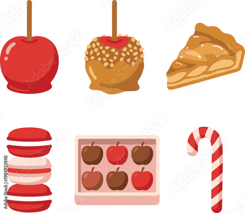 Caramel Apple Dessert Illustration Set with Candy Apples, Pie Slice, Macarons, Chocolate Box, and Candy Cane in Flat Vector Style