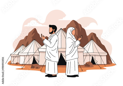 Flat style vector illustration of Hajj pilgrimage with Muslim pilgrims praying in Mina tent city, representing devotion, spiritual journey, and important Islamic ritual during Hajj season