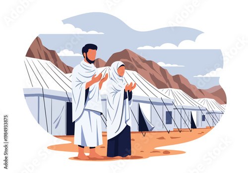 Flat style vector illustration of Hajj pilgrimage with Muslim pilgrims praying in Mina tent city, representing devotion, spiritual journey, and important Islamic ritual during Hajj season