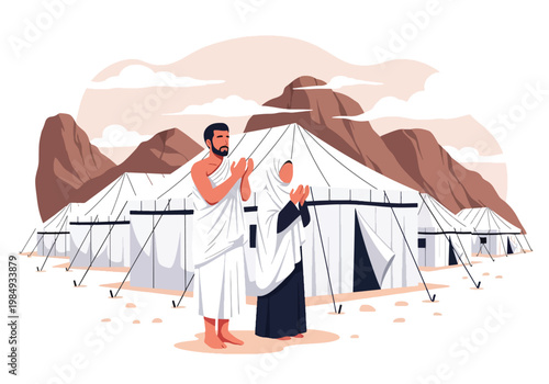 Flat style vector illustration of Hajj pilgrimage with Muslim pilgrims praying in Mina tent city, representing devotion, spiritual journey, and important Islamic ritual during Hajj season
