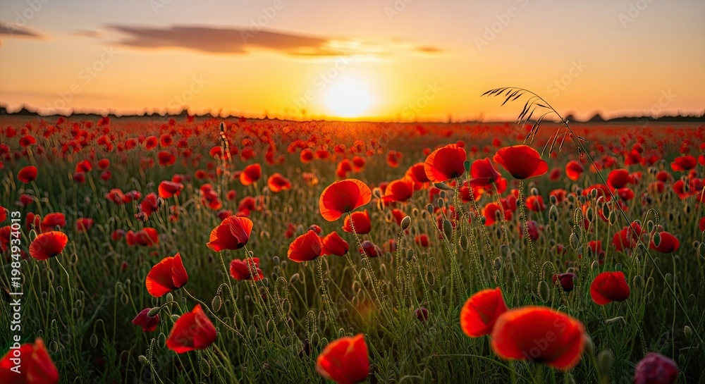 Obraz premium beautiful sunset over a field of vibrant red poppies in full bloom under a partly cloudy sky with wa