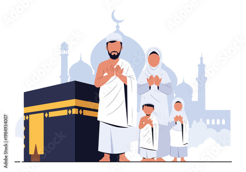 Flat style vector illustration of Hajj pilgrimage with Muslim family praying near Kaaba, symbolizing faith, devotion, unity, and sacred Islamic worship experience in Mecca