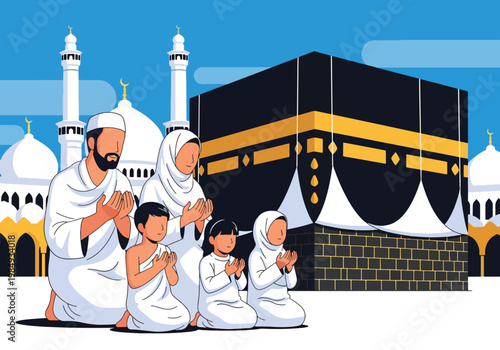 Flat style vector illustration of Hajj pilgrimage with Muslim family praying near Kaaba, symbolizing faith, devotion, unity, and sacred Islamic worship experience in Mecca