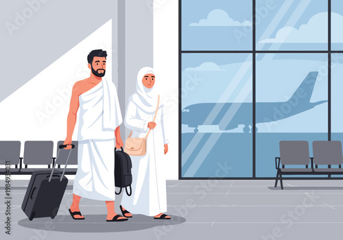 Flat style vector illustration of Hajj pilgrimage showing Muslim couple traveling through airport with luggage, representing journey to Mecca, devotion, and preparation for sacred Hajj ritual