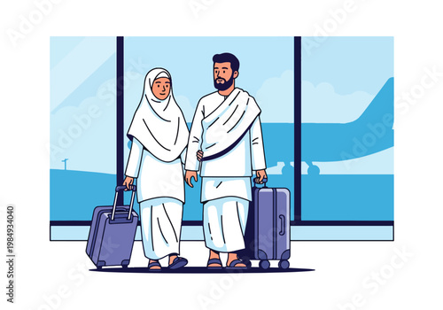 Flat style vector illustration of Hajj pilgrimage showing Muslim couple traveling through airport with luggage, representing journey to Mecca, devotion, and preparation for sacred Hajj ritual