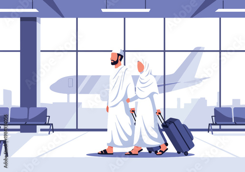 Flat style vector illustration of Hajj pilgrimage showing Muslim couple traveling through airport with luggage, representing journey to Mecca, devotion, and preparation for sacred Hajj ritual