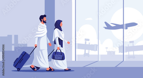 Flat style vector illustration of Hajj pilgrimage showing Muslim couple traveling through airport with luggage, representing journey to Mecca, devotion, and preparation for sacred Hajj ritual