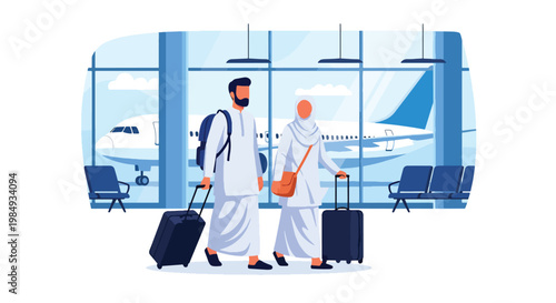 Flat style vector illustration of Hajj pilgrimage showing Muslim couple traveling through airport with luggage, representing journey to Mecca, devotion, and preparation for sacred Hajj ritual