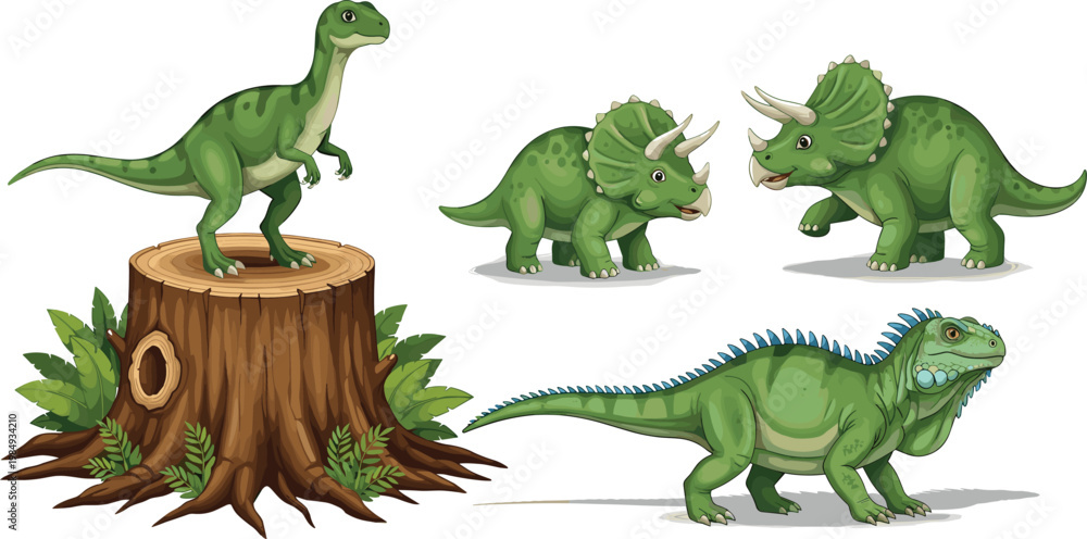 Fototapeta premium Realistic Dinosaur Illustration Set Featuring T Rex Triceratops and Jurassic Creatures with Detailed Texture for Educational Design and Prehistoric Artwork