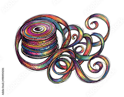 Colorful ribbon spool with swirling decorative patterns and vibrant hues
