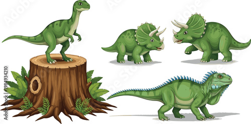 Realistic Dinosaur Illustration Set Featuring T Rex Triceratops and Jurassic Creatures with Detailed Texture for Educational Design and Prehistoric Artwork