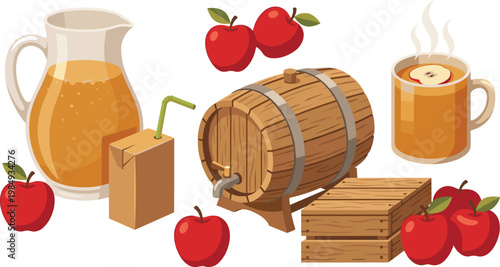 Apple Cider Beverage Illustration Set with Juice Pitcher, Wooden Barrel, Fresh Apples, Carton Drink, and Hot Mug in Flat Vector Style