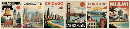 Vintage travel posters for six major U.S. Cities. Each city shown with iconic landmarks and warm tones. Phila's bell, Chicago's skyline, San Fran's bridge, Portland's mountains, Miami's palms