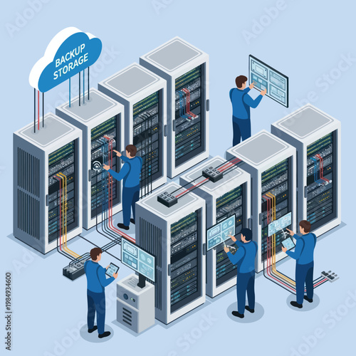 Isometric Data Center Management - Server Maintenance and Backup Storage.