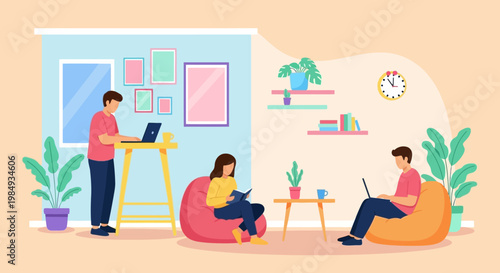 People working and relaxing in a modern co-working space.