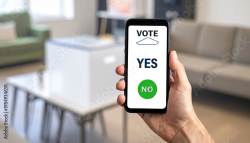 Hand Holding Smartphone with Online Voting App Showing Yes or No Options and Green Checkbox Representing Digital Balloting and Mobile Feedback