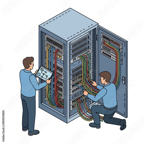 IT Technicians Managing Server Rack with Tablet and Cables.