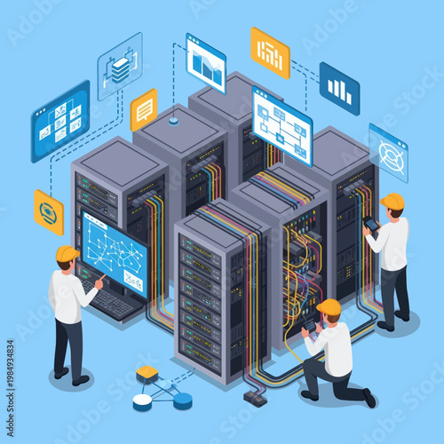 Isometric Server Room Maintenance with Technicians and Data Visualization.