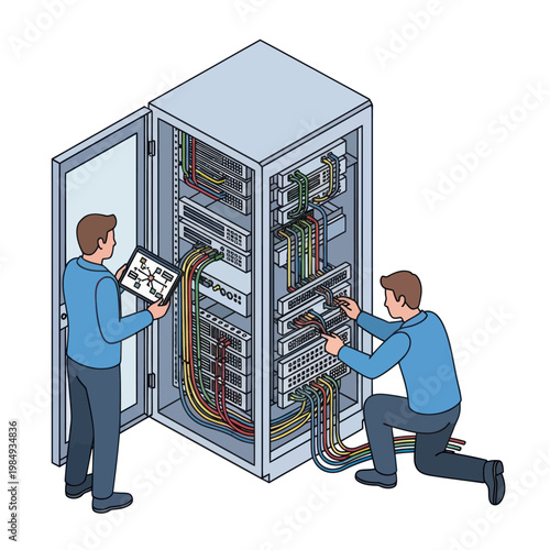 IT Technicians Maintaining a Server Rack in a Data Center.