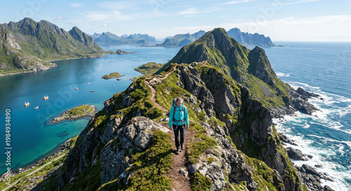 A person hiking along a narrow path on the summit of a rugged mountain peak overlooking the ocean.