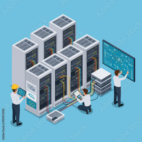 Isometric Server Room Maintenance and Data Center Management.