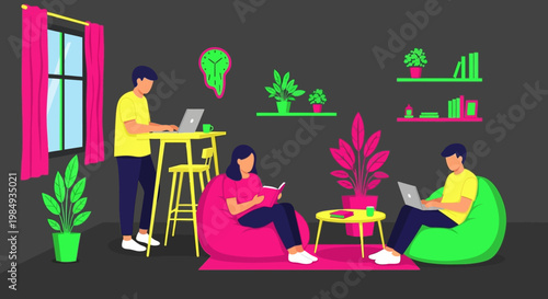People working and relaxing in a modern co-working space.
