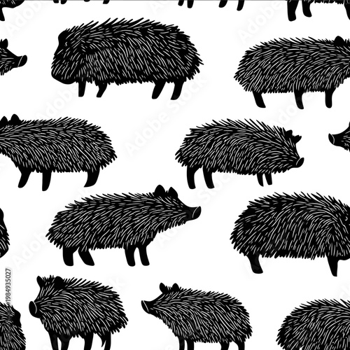 vector collared peccary silhouette black on white background simple shapes svg pattern