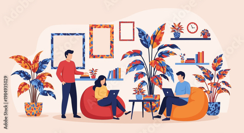 People working and relaxing in a modern coworking space.