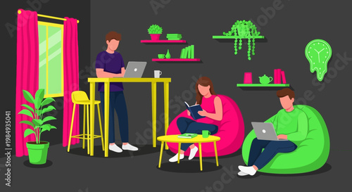 People working and relaxing in a modern co-working space.