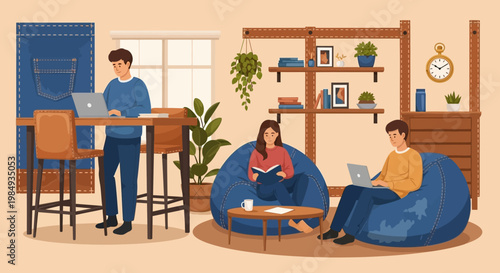 People working and relaxing in a modern coworking space.