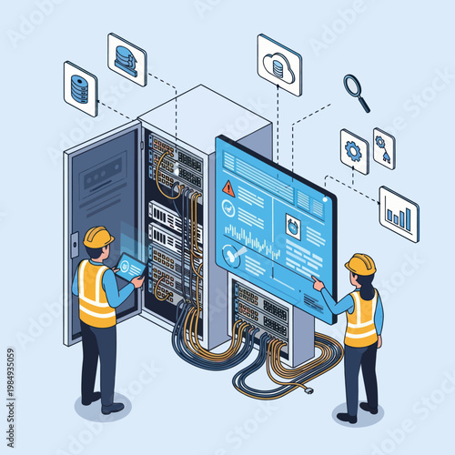 Isometric Data Center Maintenance with Engineers and Server Rack.