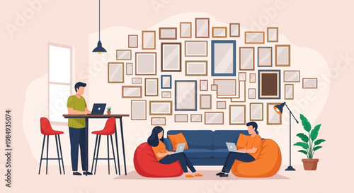 People working and relaxing in a modern co-working space.