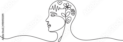 Continuous one line drawing Psychology. World mental health day concept. one line icon drawing vector