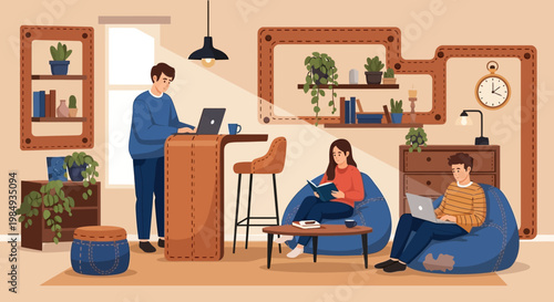 People working and relaxing in a modern co-working space.