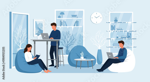 People working and studying in a modern co-working space.