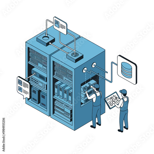 Isometric Data Center Maintenance - Technicians Managing Server Racks.