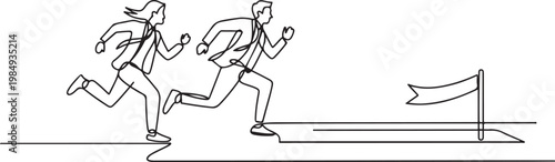 One continuous single line drawing of young male and female manager join run competition on running track to reach finish line. one line icon drawing vector