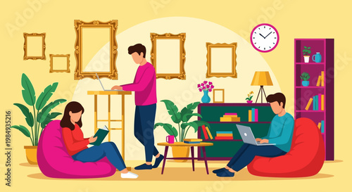 People working and studying in a cozy home environment.