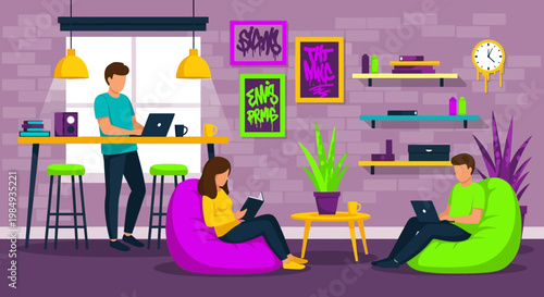 People working and relaxing in a modern coworking space.