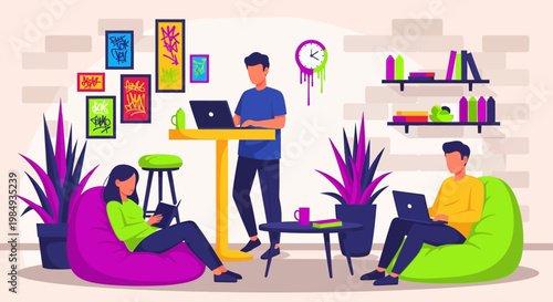 People working and studying in a modern coworking space.