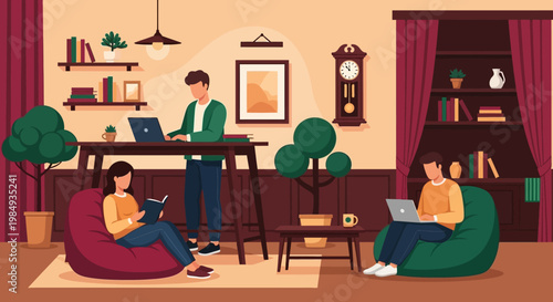 People working and studying in a cozy home environment.