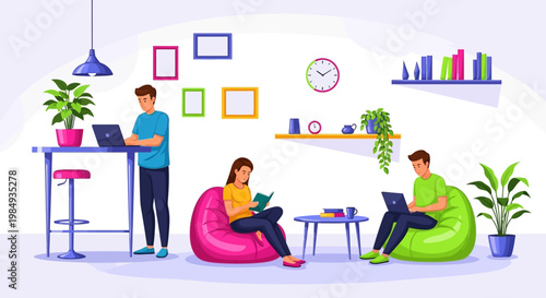 People working and relaxing in a modern co-working space.