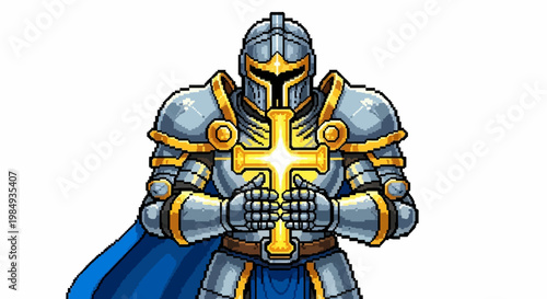 A valiant knight in shining armor holding a golden cross.