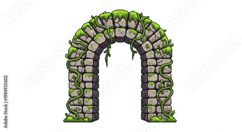 Ancient Stone Archway Covered in Lush Green Moss and Vines.