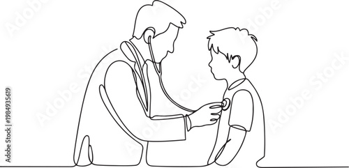 Single one line drawing of doctor with a stethoscope examining a boy patient. Male doctor in a white coat examining the lungs of a teenage boy. one line icon drawing vector