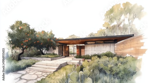 Modern watercolor of a stylish contemporary home with open entry, concrete and wood finishes, drought tolerant landscaping of succulents, cactus and citrus, minimalist eco design