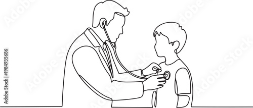 Single one line drawing of doctor with a stethoscope examining a boy patient. Male doctor in a white coat examining the lungs of a teenage boy. one line icon drawing vector